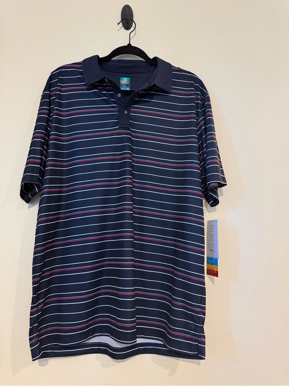 Pro Tour Cool Play  Navy Striped Polo with Red and White Lines NWT